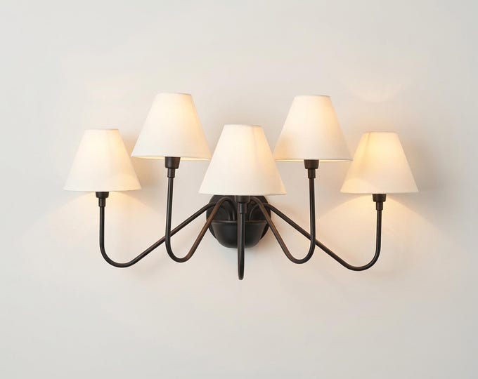 Wall Light Matte Black Designer Fixture,  Five Arm Wall Sconce with White Fabric Shades, Elegant Modern Lighting for Hallway & Living Space