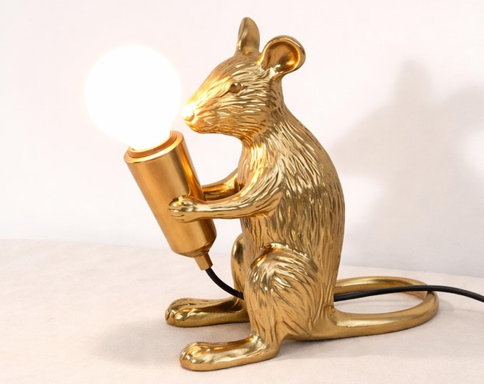 Table Lamp –Luxury Gold Brass Mouse Table Lamp with Decorative Exposed Bulb Design | Creative Accent Lighting for Bedroom and Living Room