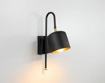 Matte Black Wall Sconce, Modern Wall Lamp, Black Metal Sconce, Gold Interior, Plug In Wall Light, Bedroom Light, Living Room Lighting design