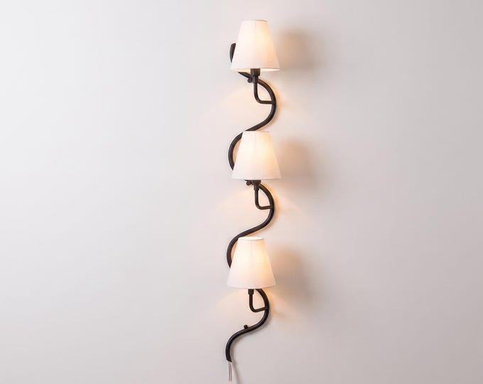 Wall Sconce in Modern Black Spiral  – Luxury Curved Wall Lamp with White Fabric Shades | Contemporary Designer Lighting for living room