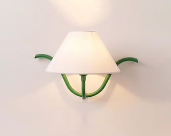 Green Wall Sconce with White Linen Shade, Modern 1 Light Wall Lamp, Curved Arm Sconce, Bedroom Lighting, Colorful Accent Light, Home Decor