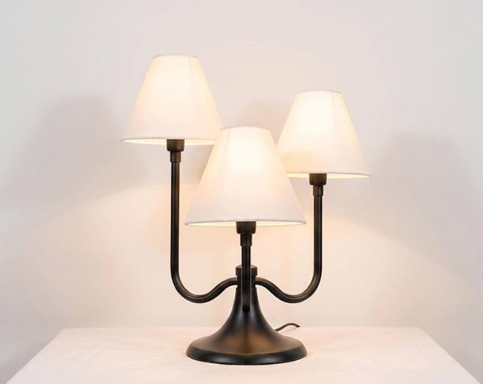 Table Lamp – Contemporary Matte Black Three Light Table Lamp with Soft Fabric Shades | Elegant Modern Home Decor Accent Lighting