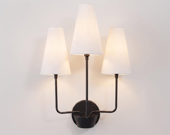 Matte Black Wall Sconce 3 Light, Modern Fabric Shade Lamp, Mid Century Lighting, Bedroom Sconce, Living Room Décor, Hardwired Home Fixture.