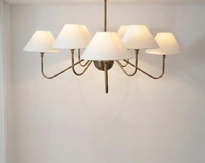 Antique Brass 8-Arm Chandelier with White Conical Shades