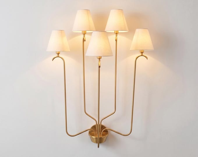 Wall Light Modern Brass Gold Designer Fixture, Contemporary Five Arm Lighting with White Cone Shades,  Luxury Decor for Bedroom & Entryway