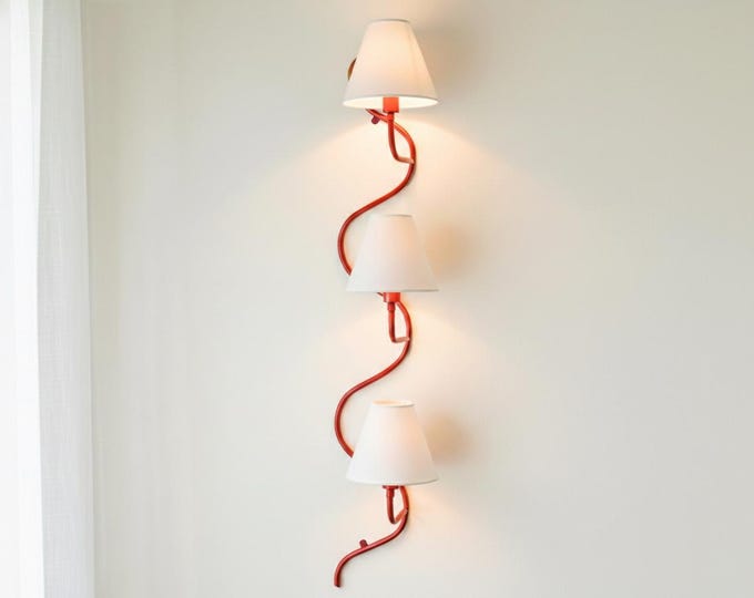 Serpentine 3-Light Wall Lamp in Red with White Conical Shades