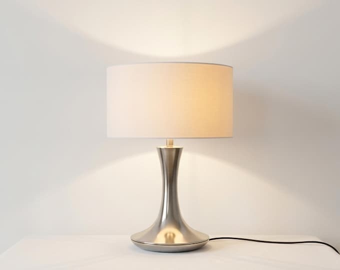 Table Lamp – Modern Metallic Silver Tulip Base Table Lamp with Large Fabric Drum Shade | Sophisticated Contemporary Interior Lighting