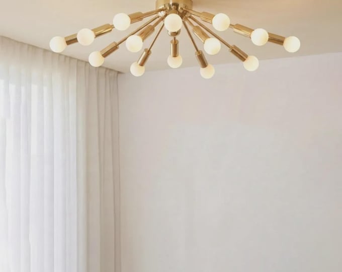 Luxury Brushed Gold Sputnik Ceiling Light with Exposed Bulbs | Modern Mid Century Chandelier for Dining Room & Bedroom