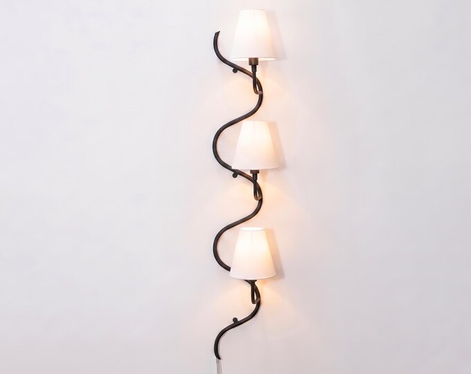 Wall Sconce in Modern Matte Black Spiral  – Luxury Curved Wall Lamp with White Fabric Shades | Contemporary Designer Lighting for livingroom