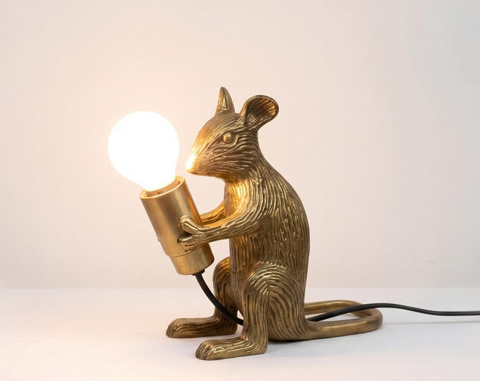 Antique Brass Mouse Lamp, Mouse Holding Globe Light, Unique Animal Table Lamp, Vintage Style Desk Lamp, Whimsical Home Decor table lamp