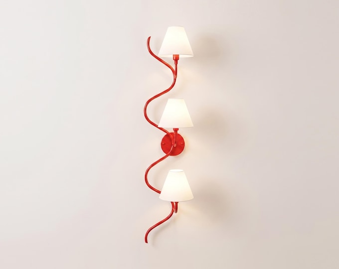 Wall Light – Artistic Red Curved Triple Light Wall Sconce, Modern Statement Designer Fixture for Luxury Home Decor