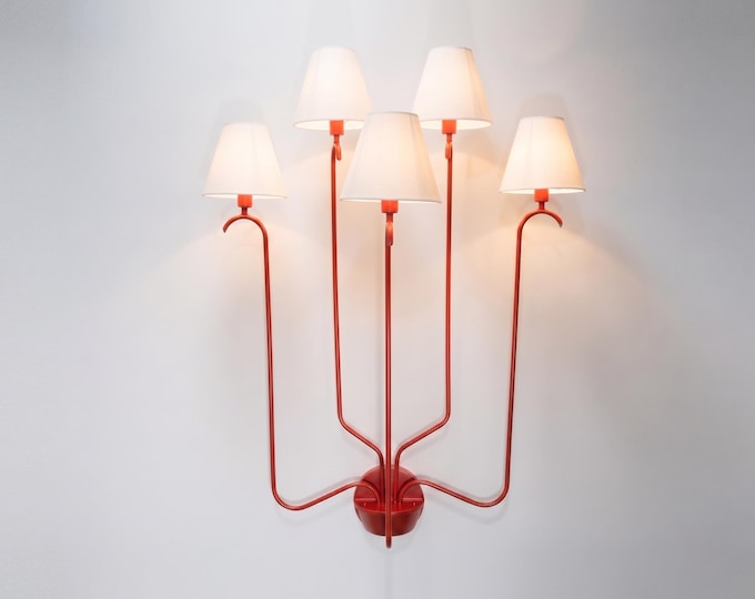 Wall Light Bold Red Sculptural Sconce, Contemporary Five Light Designer Lamp with White Fabric Shades, Modern Lighting for Stylish Interiors