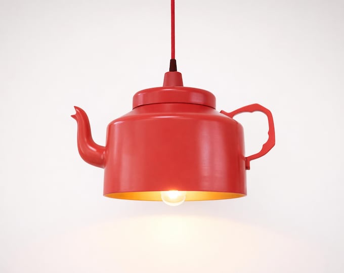 Red Teapot Hanging Lamp: Quirky Vintage Style Light Fixture