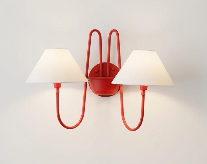 Wall Light Elegant Red Nordic Double Arm Sconce, Minimalist Luxury Wall Fixture with White Tapered Shades for Modern Interior Styling