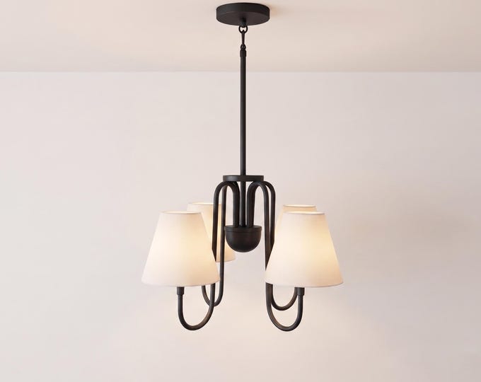 Modern Black 3-Light Chandelier with White Fabric Shades, Ceiling Pendant Light for Dining Room, Living Room, Bedroom and Luxury Home Decor.