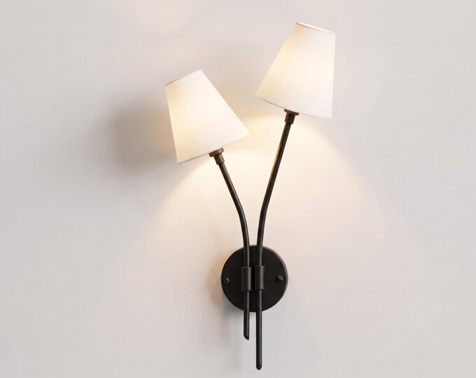 Wall Light Modern Black Twin Stem Sconce, Luxury Minimalist Double Shade Wall Fixture for Contemporary Bedroom, Hallway & Living Room Decor