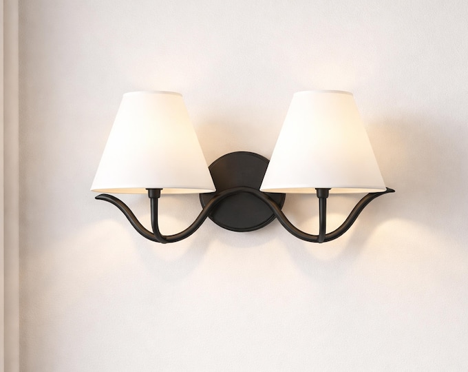 Wall Sconce with Modern Black Double White Fabric Shades, Bedroom Bedside Wall Lamp, Living Room, Hallway, Bathroom Vanity Light Fixture