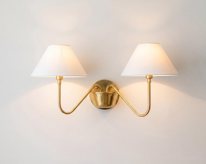 Wall Light Vintage Bronze Double Arm Sconce, Mid Century Modern Wall Fixture with Fabric Shades, Elegant Luxury Accent Lighting