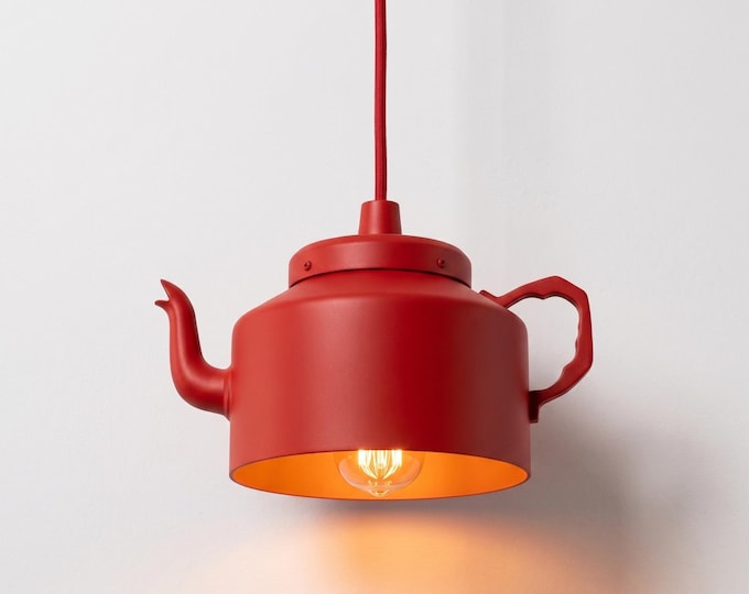 Red Teapot Hanging Lamp: Quirky Vintage Style Light Fixture
