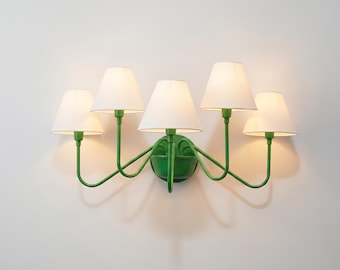 Green 5 Light Wall Sconce, Modern Green Wall Lamp with White Shades, Statement Wall Lighting, Contemporary Bedroom and Living Room Light