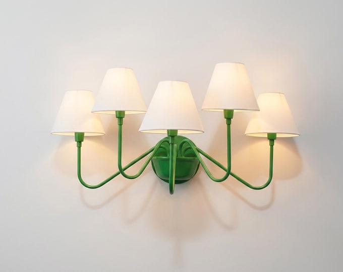 Wall Light Artistic Green  Sconce, Modern Five Light Wall Fixture with White Cone Shades, Bold Interior Lighting for Creative Home Decor