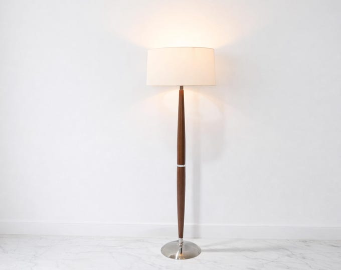 Floor Lamp in Walnut Brown Color Mid Century Modern Standing Lamp with White Drum Shade and Chrome Base for Elegant Home Interior Decor