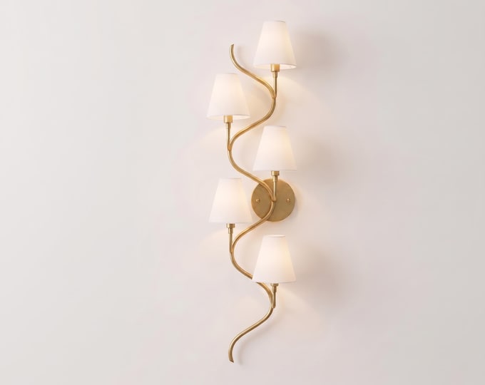 Wall Light – Luxury Gold Curved Vine 5-Light Modern Wall Sconce with Premium White Shades | Designer Decorative Interior Wall Light Fixture