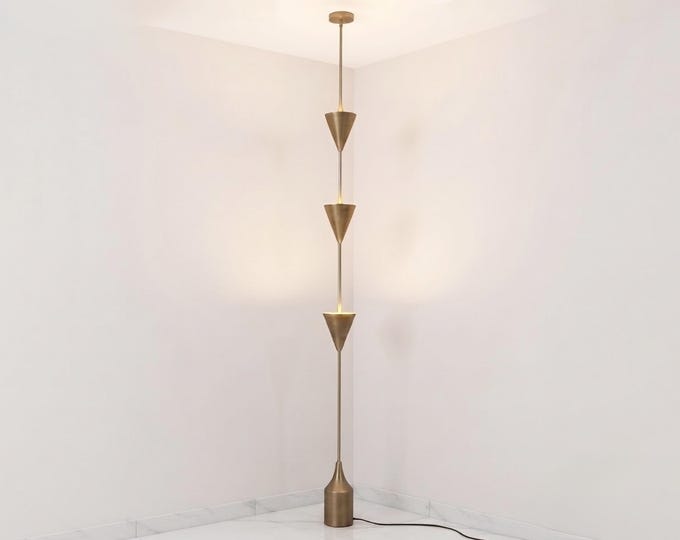 Antique Brass Floor Lamp, Modern Sculptural Standing Lamp with Cone Shades, Minimalist Corner Floor Lamp for Living Room, Bedroom Home Décor