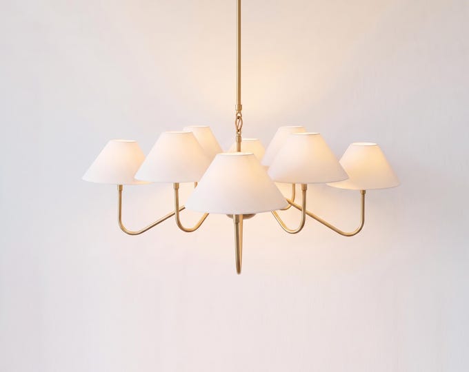 Chandelier Light – Gold Brass 6 Light Chandelier with Elegant White Shades | Luxury Modern Ceiling Fixture for Dining Room & Kitchen Island