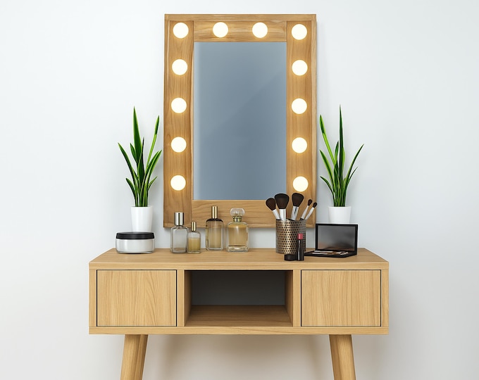 Wooden Vanity Mirror with Lights, Hollywood Makeup Mirror, Natural Wood Dressing Table Mirror, Illuminated Beauty Mirror for Bedroom Décor.