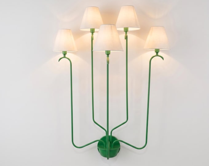 Wall Sconce Modern Green Multi Arm  – Wall Lamp with White Fabric Shades | Wall Lighting Fixture for Bedroom Living Room Hallway Decor