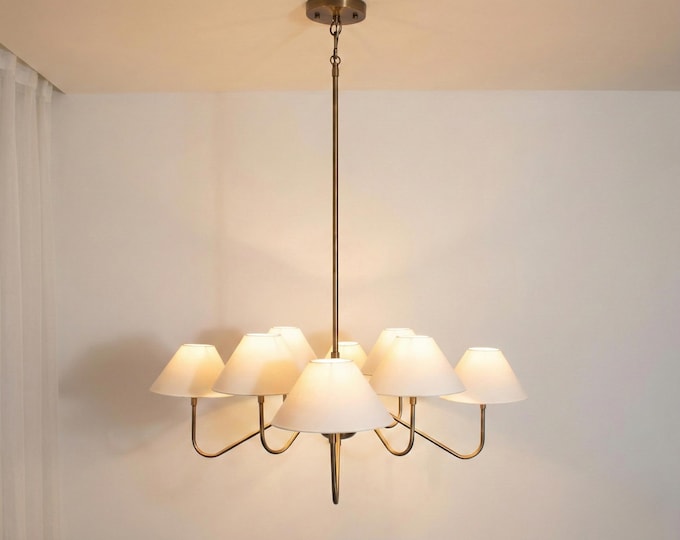 Antique Brass 8-Arm Chandelier with White Conical Shades