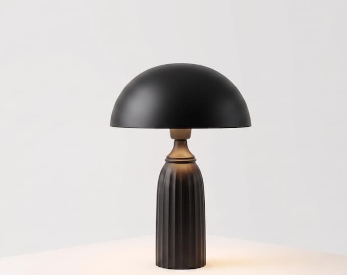 Table Lamp – Modern Matte Black Mushroom Dome Table Lamp with Ribbed Base | Minimal Bedside Desk Lighting for Luxury Contemporary Interiors