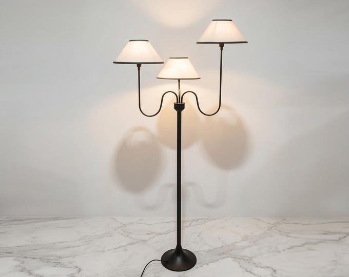 Black Floor Lamp with Three Shades: Steel, Aluminum, Brass