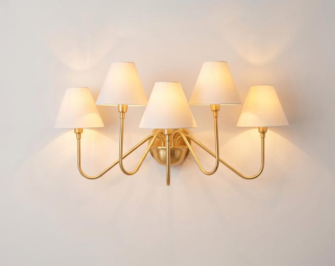 Wall Light Luxury Brass Gold Multi Arm Fixture, Five Shade Wall Lamp with  White Fabric Shades, Modern  Lighting for Living Room & Bedroom