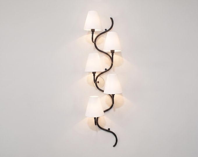Wall Light –  Black Twisted Vine 5-Light Wall Sconce with White Fabric Shades | Artistic Luxury Wall Fixture for Living Room Bedroom Hallway