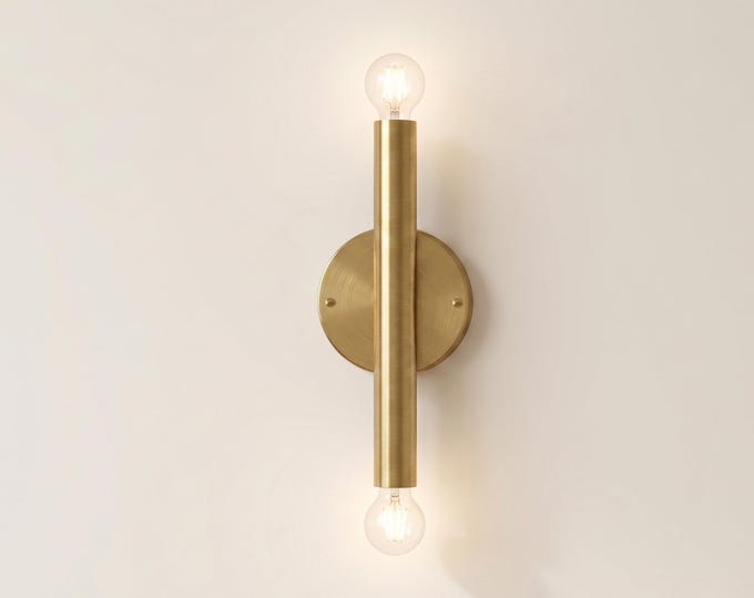 Wall Sconce Gold Double Bulb Lighting Fixture – Minimalist Brass Wall Lamp for Bedroom, Living Room, Hallway, Staircase & Interior Decor.