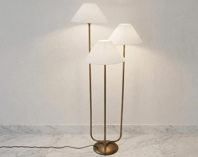 Antique Brass 3-Light Floor Lamp with White Fabric Shades, Standing Lamp for Living Room, Bedroom, Reading Corner, Office and Home Decor.