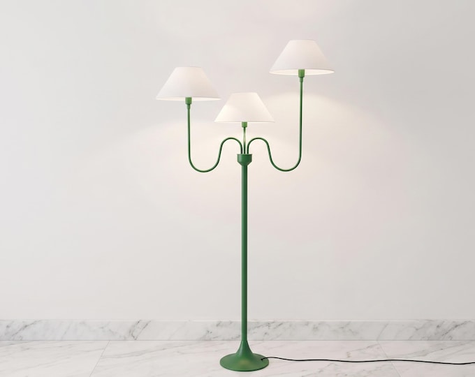 Floor Lamp in Green Color Modern Triple Arm Floor Lamp with White Fabric Shades Corded Plug and Elegant Living Room Bedroom Decor Lighting