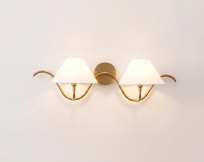 Wall Light Modern Brass Double Arm Sconce, Luxury Mid Century Wall Fixture, Scandinavian Bedroom & Living Room Lighting