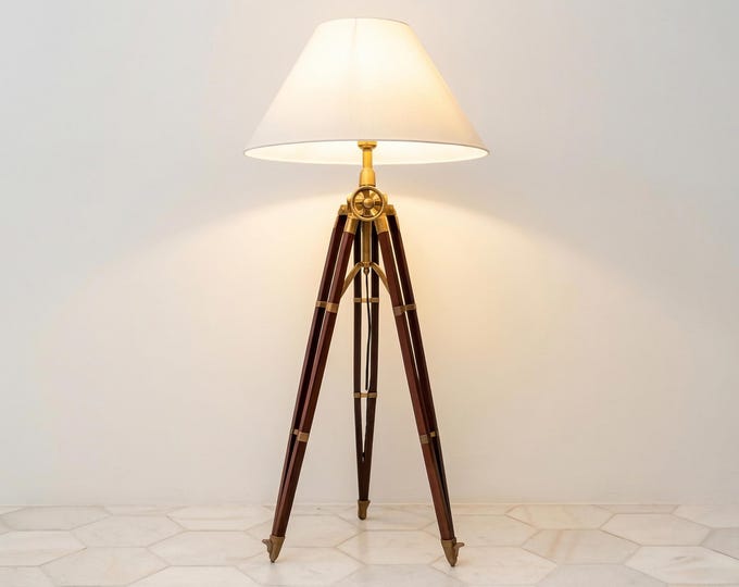 Rustic Sheesham Wood Tripod Floor Lamp - Antique Brass Finish