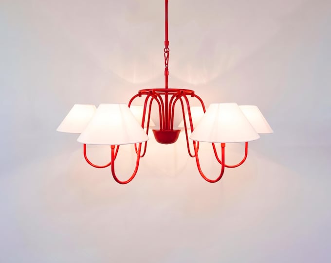 Chandelier Light –Contemporary Matte Red 6 Light Chandelier with White Fabric Shade | Artistic Modern Hanging Fixture for Stylish Home Decor