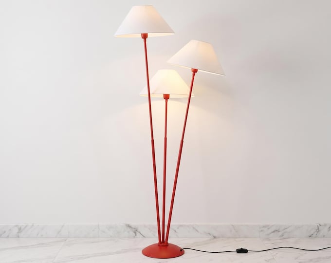 Floor Lamp in Red Color Modern Triple Head  with White Fabric Shades Foot Switch and Corded Plug for Home Decor Lighting