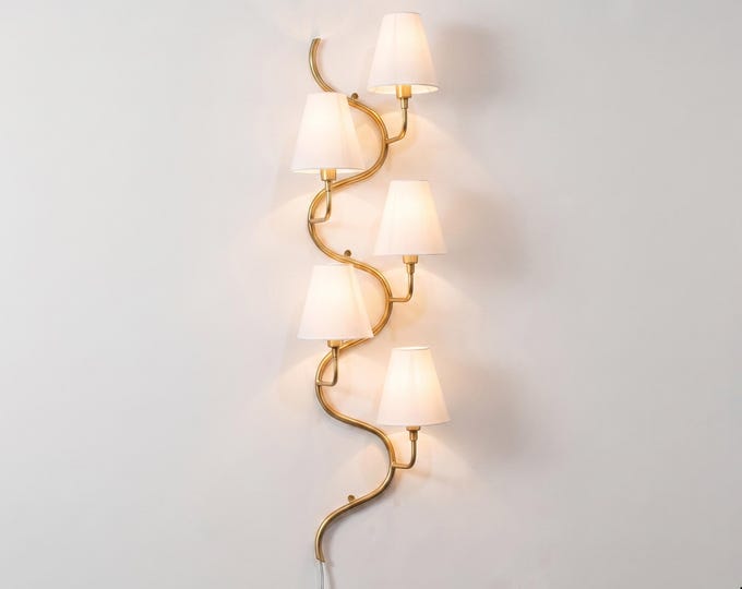 Wall Sconce in Modern Gold Spiral – Luxury Snake Arm Wall Light with White Fabric Shades | Contemporary Bedroom , Living Room and Hallway |