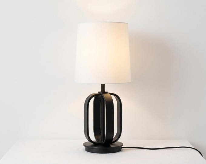 Table Lamp in Matte Black with White Fabric Drum Shade, Bedside Lamp, Designer Nightstand Light, Desk Lamp for Living Room, Bedroom, Office.