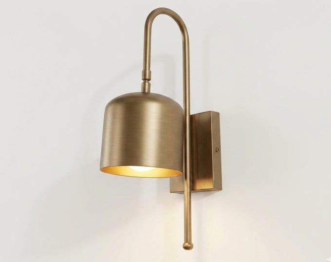 Antique Brass Wall Sconce, Modern Curved Arm Wall Lamp with Metal Shade, Vintage Style Bedroom Hallway Indoor Lighting Fixture Décor Art.