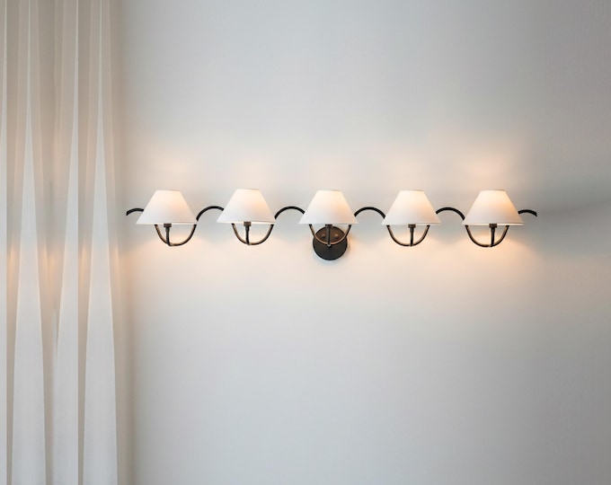 Grand Époque Five-Light Wall Sconce – Handcrafted Wavy Arm Fixture with Classic Fabric Shades