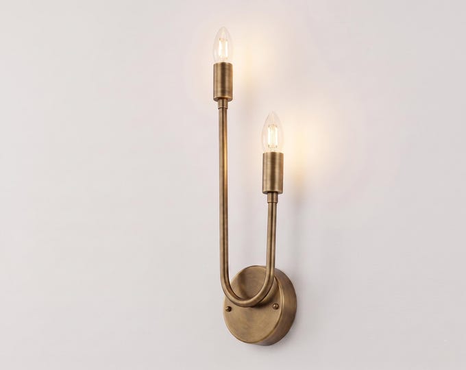Twin Curve Antique Brass Wall Sconce – Double E14 Candle Light