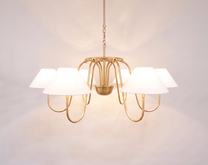 Chandelier Light – Gold Brass 6 Light Chandelier with White Fabric Shade | Luxury Modern Ceiling Hanging Light for Elegant Interiors