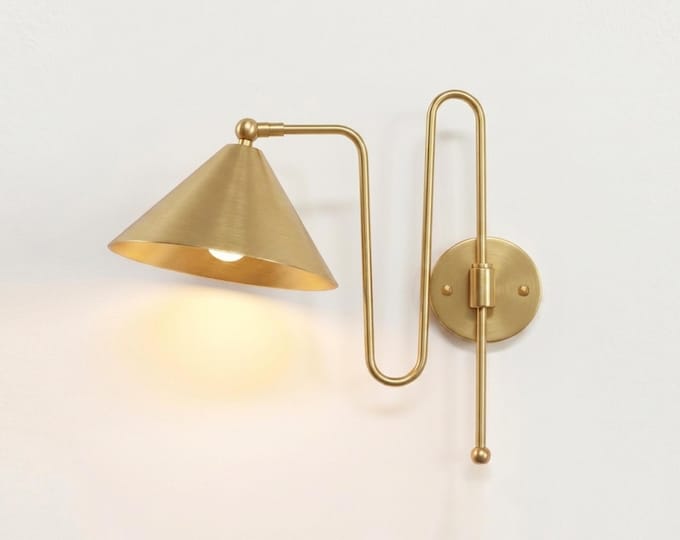 Modern Brass Wall Sconce – Luxury Gold Cone Shade Wall Lamp | Minimalist Mid Century Bedroom & Living Room Lighting Fixture